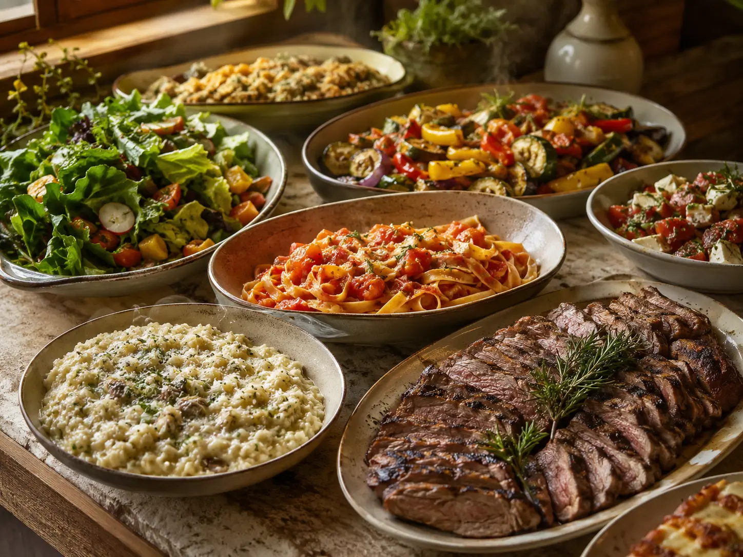 Buffet com massas, risoto, saladas, legumes e carnes grelhadas